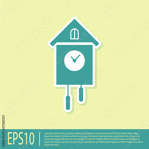 Green Retro wall watch icon isolated on yellow background. Cuckoo clock sign. Antique pendulum clock. Vector Illustration