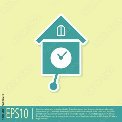 Green Retro wall watch icon isolated on yellow background. Cuckoo clock sign. Antique pendulum clock. Vector Illustration