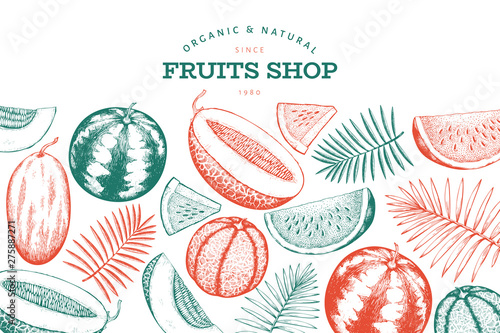 Watermelon, melon and tropical leaves design template. Hand drawn vector exotic fruit illustration. Engraved style fruit frame. Retro botanical banner.