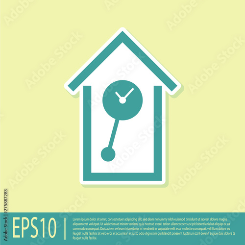 Green Retro wall watch icon isolated on yellow background. Cuckoo clock sign. Antique pendulum clock. Vector Illustration