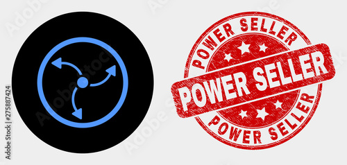 Rounded turbine rotation icon and Power Seller seal stamp. Red rounded grunge seal stamp with Power Seller text. Blue turbine rotation icon on black circle.