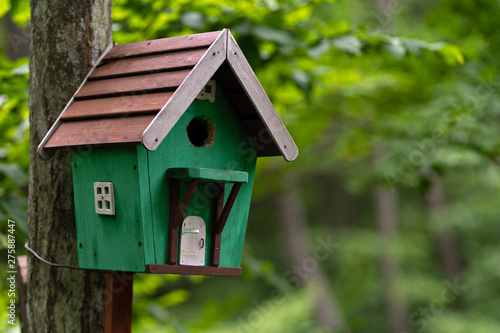 Photo of a house for birds in the forest on the background of trees