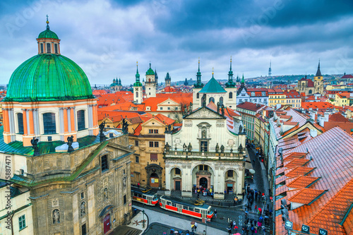 Photography Spectacular Prague cityscape with colorful house roofs and towers, Europe