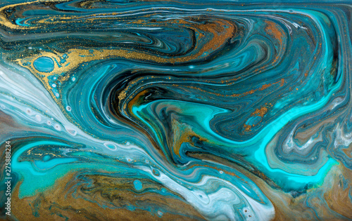 Bronze, blue and gold marbling pattern. Golden marble liquid texture.