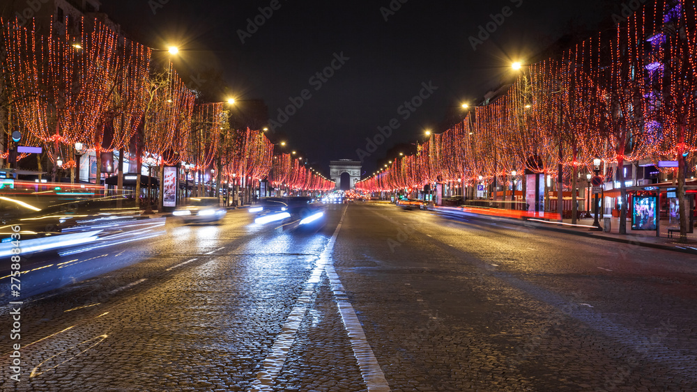 Avenue des Champs Elysees and Arc de Triomphe at night, Paris