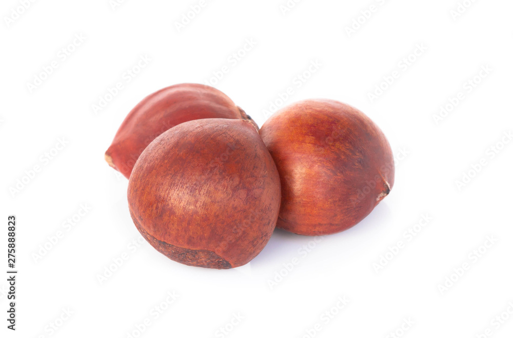Closeup top view horse chestnuts isolated on white background, healthy food concept Closeup top view horse chestnuts isolated on white background, healthy food concept