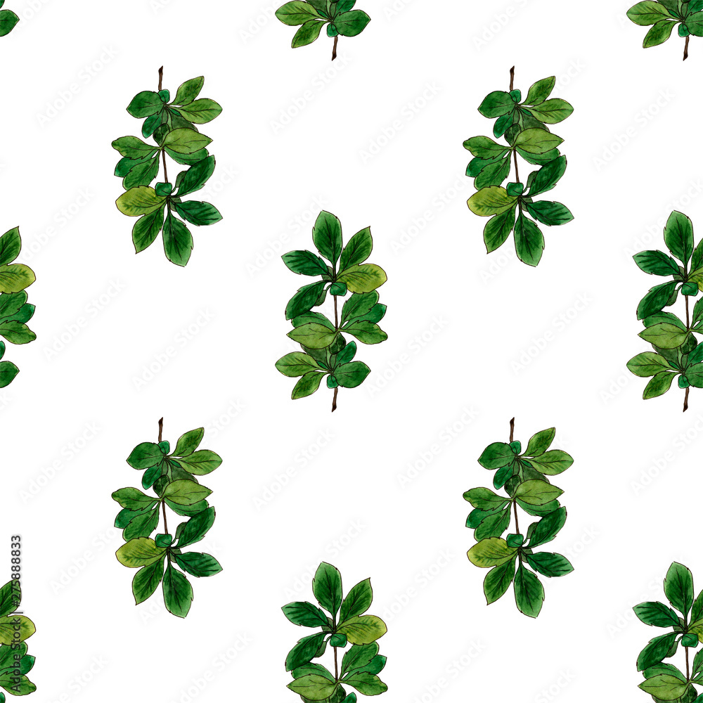 Seamless pattern with watercolor green branches 
