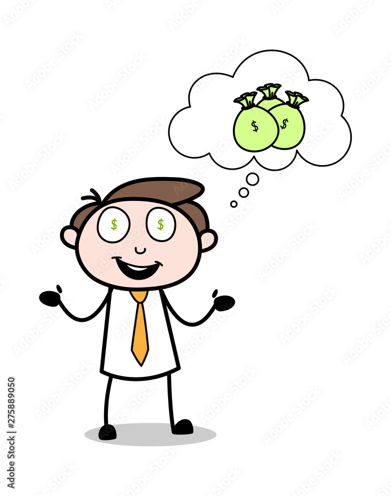 Thinking About Money - Office Businessman Employee Cartoon Vector Illustration