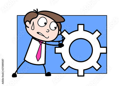 Pulling a Gear Wheel - Office Businessman Employee Cartoon Vector Illustration