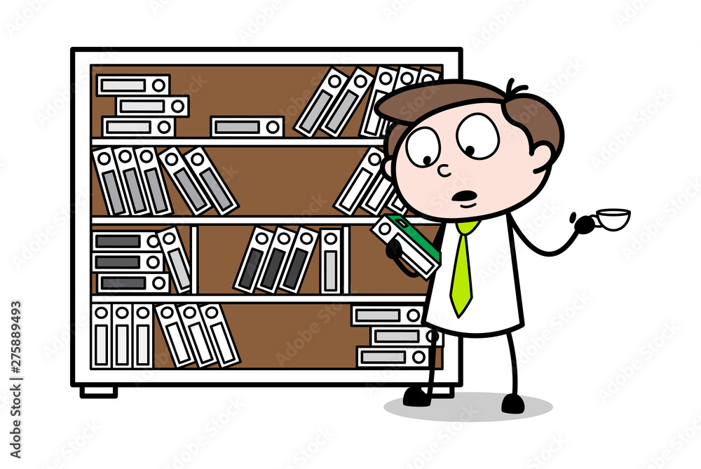 Searching a Book While Drinking Tea - Office Businessman Employee Cartoon Vector Illustration Searching a Book While Drinking Tea - Office Businessman Employee Cartoon Vector Illustration