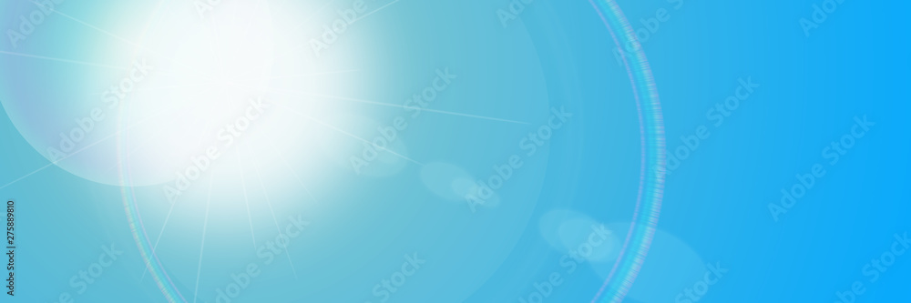 Lens flare light effect. Sun flash with ray and glow on blue sky background. Lens flare light effect. Sun flash with ray and glow on blue sky background.