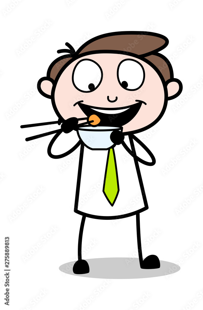 Eating Chinese Food - Office Businessman Employee Cartoon Vector Illustration