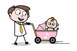 Travelling with Baby in Baby Stroller - Office Businessman Employee Cartoon Vector Illustration