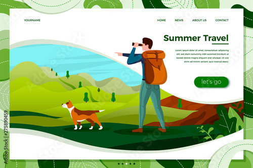 Vector illustration - man travel with dog, looking in binoculars on mountains, trees on background. Banner, site, poster template with place for your text.