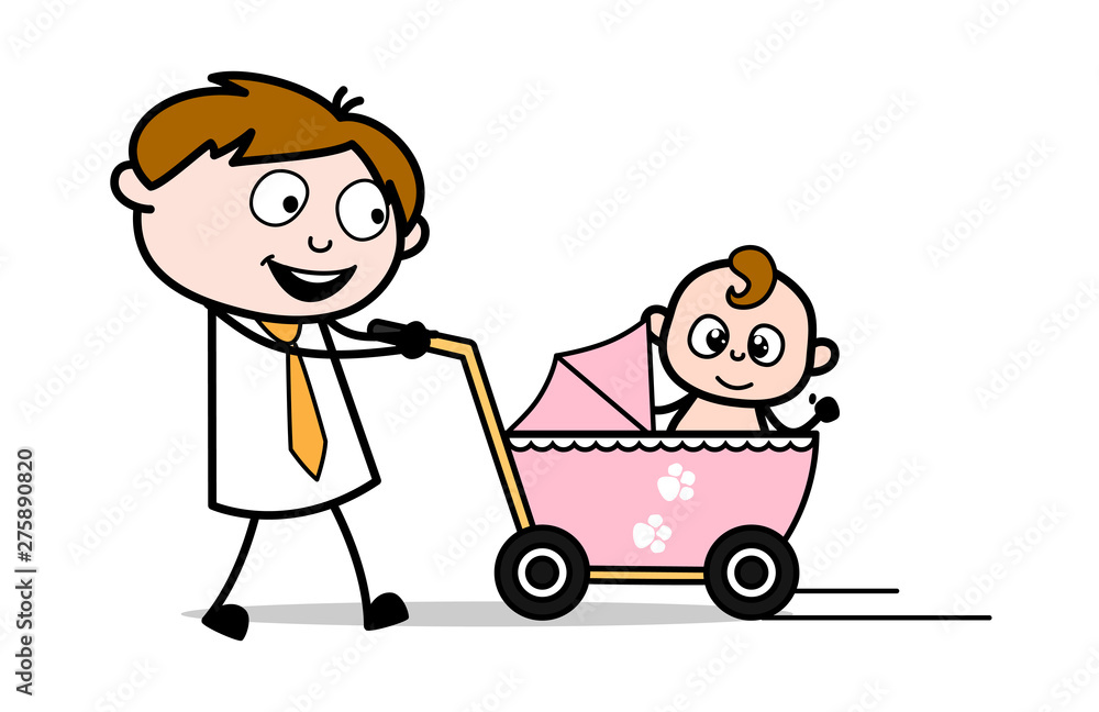 Strolling with a Baby in Baby Stroller - Office Salesman Employee Cartoon Vector Illustration Strolling with a Baby in Baby Stroller - Office Salesman Employee Cartoon Vector Illustration
