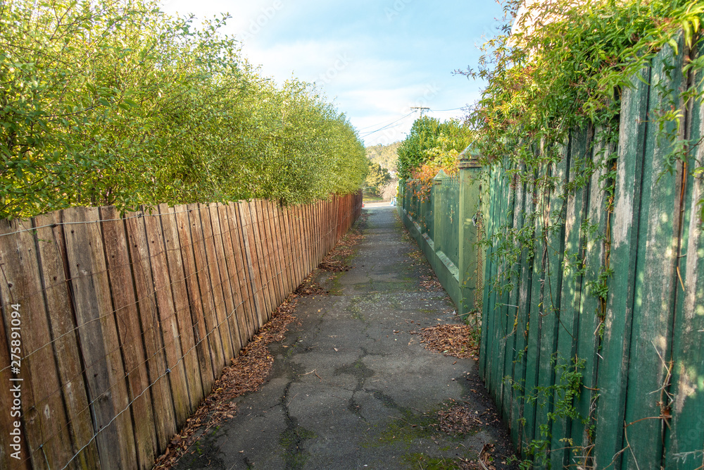 Narrow walkway or footpath between weathered wooden garden fence of residential houses, boundary alleyway of homes in the Australian suburban neighborhood. Launceston, Tasmania, Australia. Narrow walkway or footpath between weathered wooden garden fence of residential houses, boundary alleyway of homes in the Australian suburban neighborhood. Launceston, Tasmania, Australia.