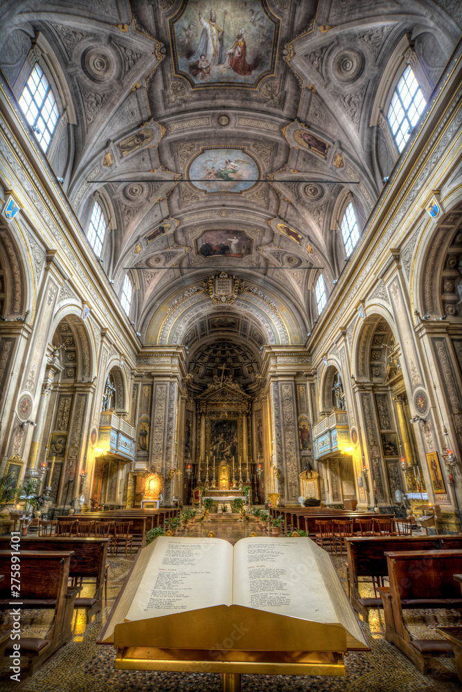 Inside of church of Santi Gregorio and Sirio with bible of Bologna city in Italy