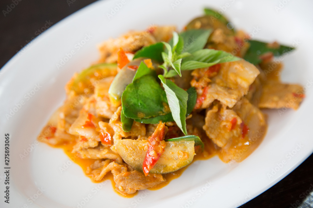 Stir fried pork belly with red curry Stir fried pork belly with red curry
