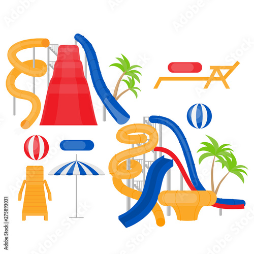 Flat Aqua park equipment. Cartoon Family water park with slides, lifebuoy, chaise-longue and umbrella. Summer vacation entertainment, active holiday rest