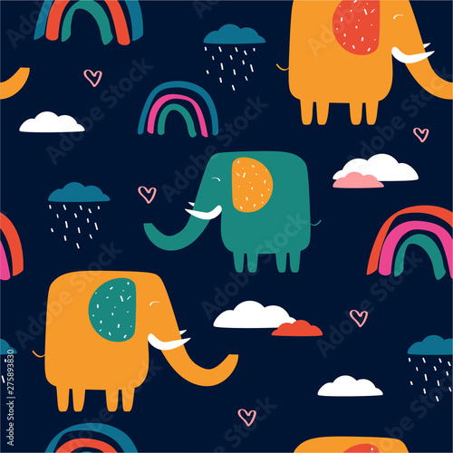 Happy elephants, clouds, rainbow, hand drawn backdrop. Colorful seamless pattern with animals and water drops. Decorative cute wallpaper, good for printing. Overlapping background vector