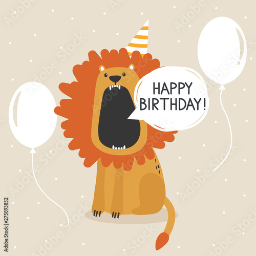 Hand drawn illustration, happy lion, air balloons, english text. Colorful background vector. Poster design with animal, checkboxes. Happy birthday! card. Decorative backdrop, good for printing