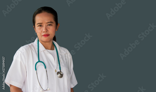 woman doctor with stethoscope isolated on gray background
