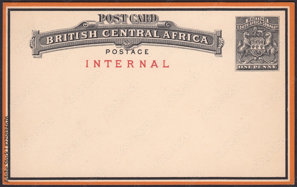 An old postcard from the 1890s. British Central Africa, heraldic postage stamp An old postcard from the 1890s. British Central Africa, heraldic postage stamp