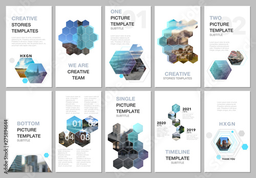 Creative social networks stories design, vertical banner or flyer templates with hexagones and hexagonal shapes on white background. Covers design templates for flyer, leaflet, brochure, presentation