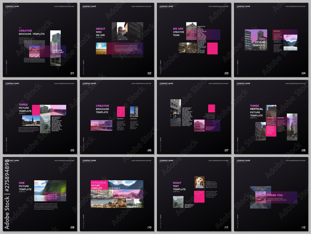 Fototapeta premium Minimal brochure templates with pink color rectangles, rectangular shapes. Covers design templates for square flyer, leaflet, brochure, report, presentation, blog, advertising, magazine for blogging.