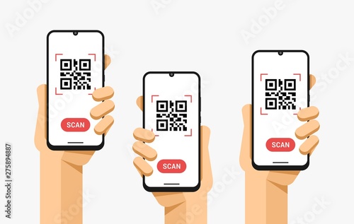Smartphone mockup in human hand. Scan QR code. Vector flat colorful technology illustration
