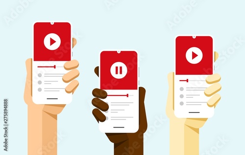 Smartphone mockup in human hand with video player application on the screen. Vector flat colorful technology illustration