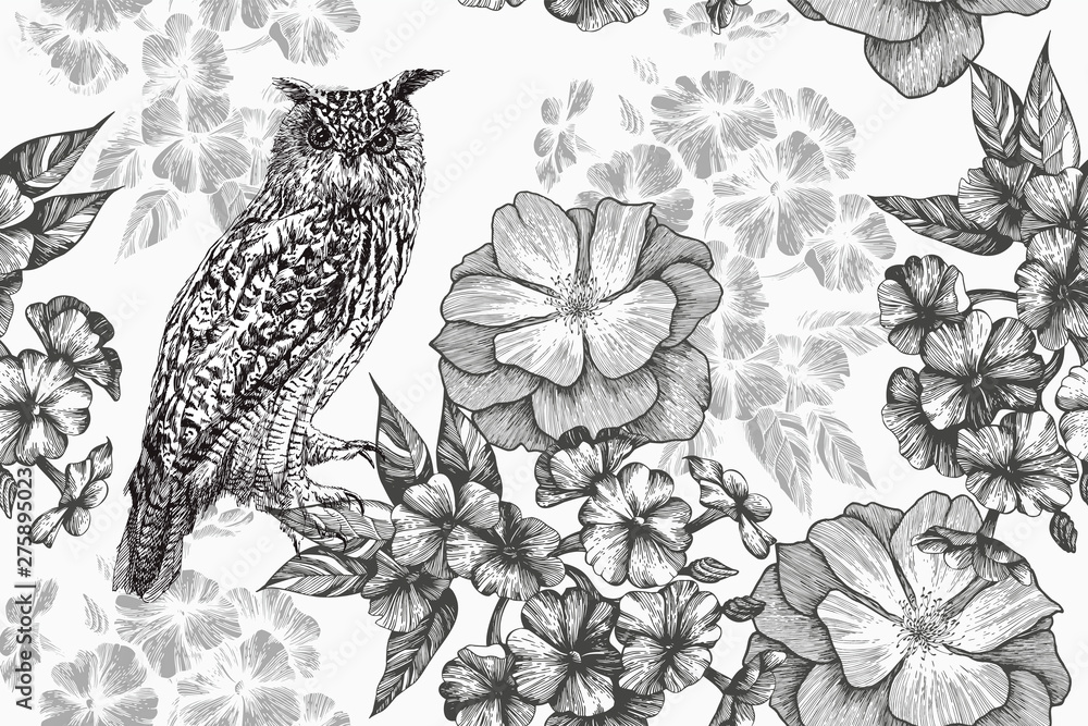 custom made wallpaper toronto digitalSitting owl and seamless floral pattern with phlox and roses. Hand-drawn, vector illustration.