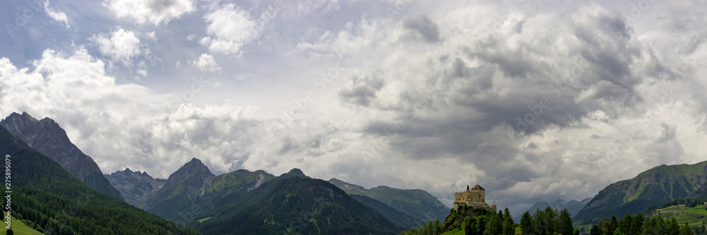 Panorama Landscape of the Lower Engadine Valley in the Swiss Alps with Tarasp Castle