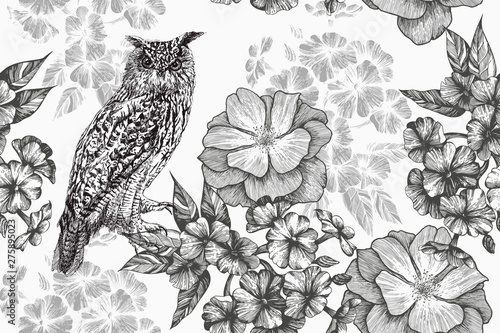 Wallpaper Mural Sitting owl and seamless floral pattern with phlox and roses. Hand-drawn, vector illustration. Torontodigital.ca