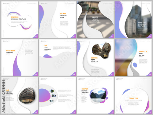 Brochure templates with trendy colorful circles, round shapes. Travel covers design templates for square flyer, leaflet, brochure, report, presentation, blog, social media advertising, online promo.