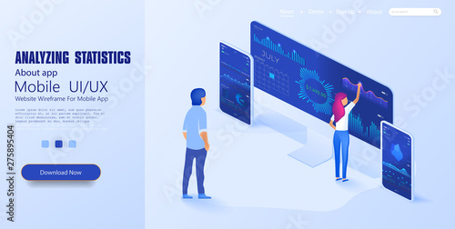 Online statistics and data Analytics. Digital money market. Expert team for Data Analysis, Business Statistics, Management, Consulting, Marketing. Landing page template concept. Vector illustration