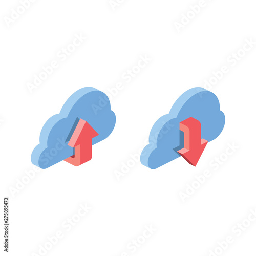 Clouds download upload. Premium quality. Vector 3d isometric color icon new flat style. Creative illustration, idea for infographics.