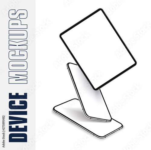 Detailed realistic black slim smartphone and tablet  isolated on white screen. Front, top view display phone. Blank device mock up. Separate groups and layers. Easily Editable Vector. EPS 10.