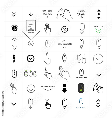 Modern linear pictogram of scroll down. Set of concept line icons scroll down. Icons of scroll down. Scroll down up computer mouse icon. Set of scrolling icons for a website, web design, mobile apps