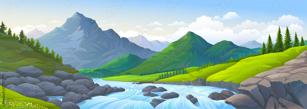 A stream of river with boulders, mountains and meadows