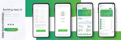 Banking App UI, UX Kit for responsive mobile app or website with different GUI layout including Login, Create Account, Profile, Transaction and Notification screens. Vector illustration photo