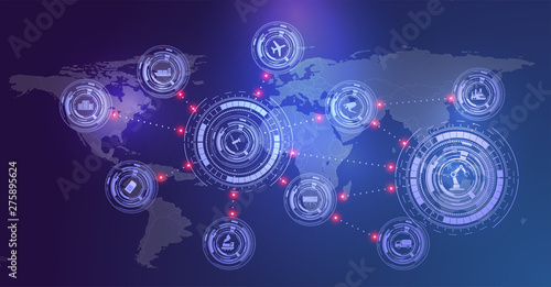 Internet of things (IoT) and networking concept for connected devices. Spider web of network connections with on a futuristic blue background. Innovation sign. Digital design. Landing page template