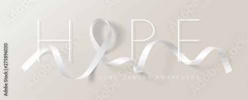 Lung Cancer Awareness Calligraphy Poster Design. Realistic White Ribbon. November is Cancer Awareness Month. Vector Illustration