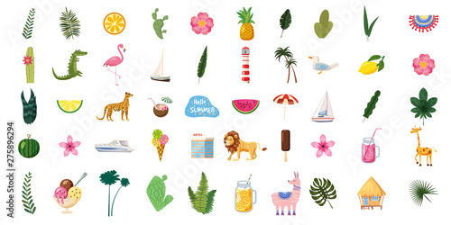 Set of cute trendy summer icons food, drinks, exotic plants, flowers, boats, animals, palm leaves fruits and flamingos