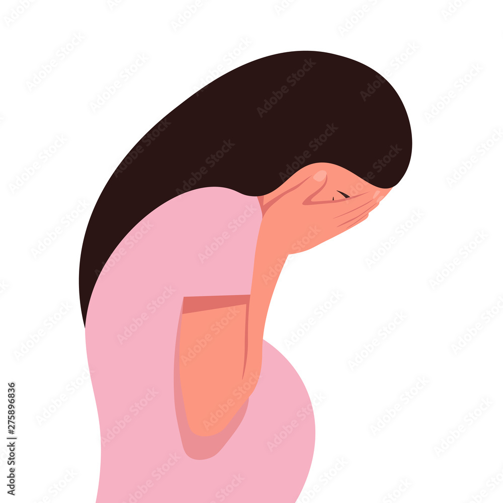 A pregnant woman in despair. Profile of a sobbing girl on a white background. Nervous breakdown. Vector flat illustration A pregnant woman in despair. Profile of a sobbing girl on a white background. Nervous breakdown. Vector flat illustration