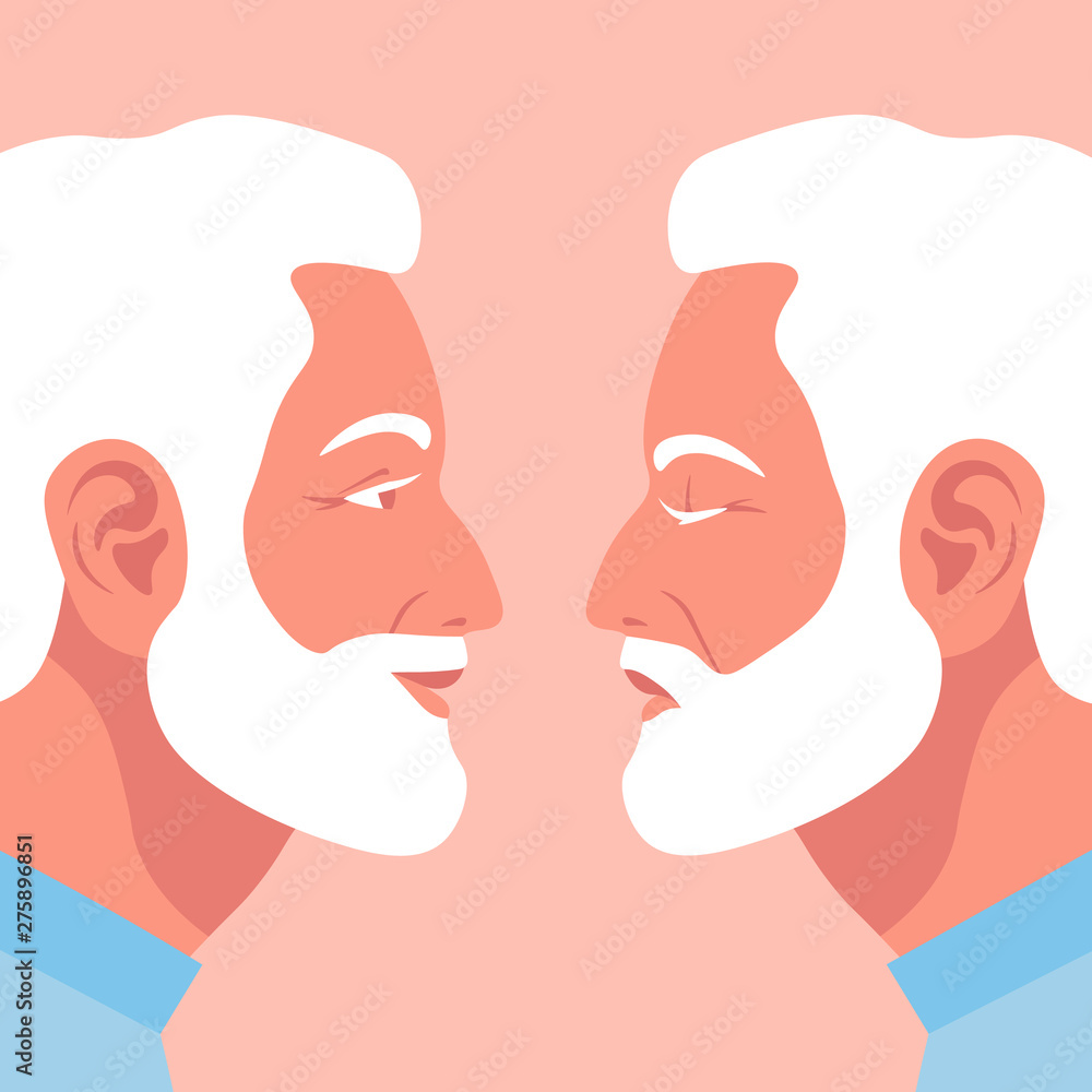 Bipolar disorder. Portrait of an older man in profile in depression and in a good mood. Two male faces from the side. Vector illustration in flat style Bipolar disorder. Portrait of an older man in profile in depression and in a good mood. Two male faces from the side. Vector illustration in flat style