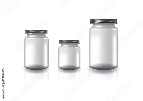 3 sizes of blank clear round jar with black screw lid for supplements or food product. Isolated on white background with reflection shadow. Ready to use for package design. Vector illustration.