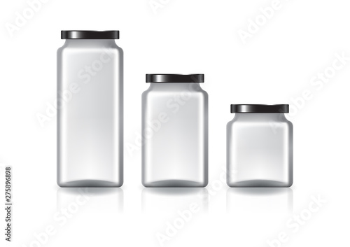3 sizes of blank clear square jar with black flat lid for supplements or food product. Isolated on white background with reflection shadow. Ready to use for package design. Vector illustration.