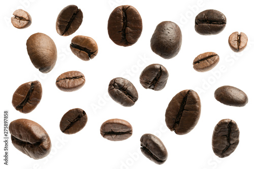 fly coffee beans on white background