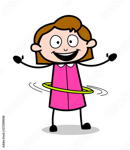 Playing with Hula Hoop - Retro Office Girl Employee Cartoon Vector Illustration